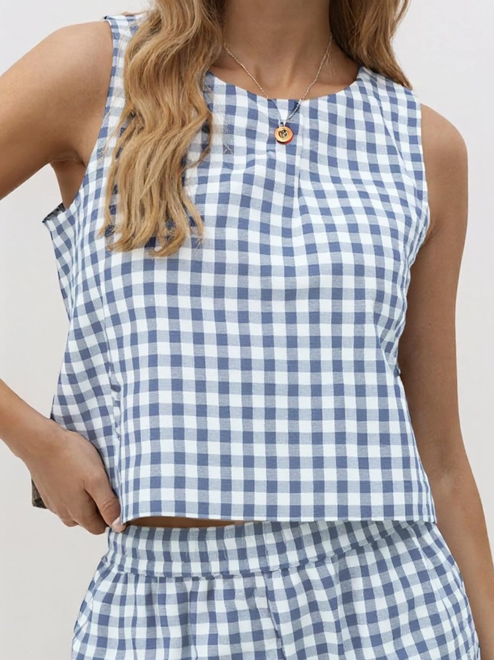 Women’s 2 Piece Linen Blue Gingham Tank Top Wide Leg Pants Set Size S 2 4 6 - Picture 4 of 9